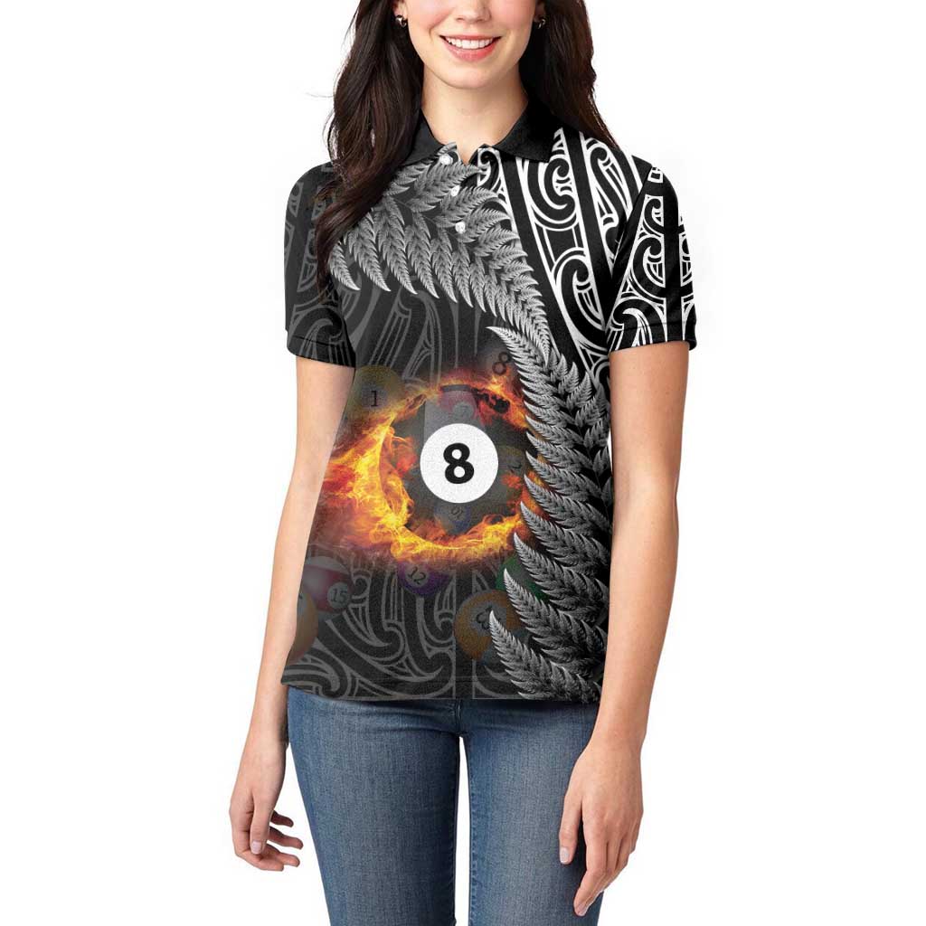 Personalised New Zealand Billiards Women Polo Shirt Maori Fern On Fire 8 Ball - Polynesian Pride