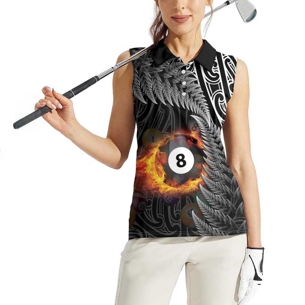 Personalised New Zealand Billiards Women Sleeveless Polo Shirt Maori Fern On Fire 8 Ball - Polynesian Pride