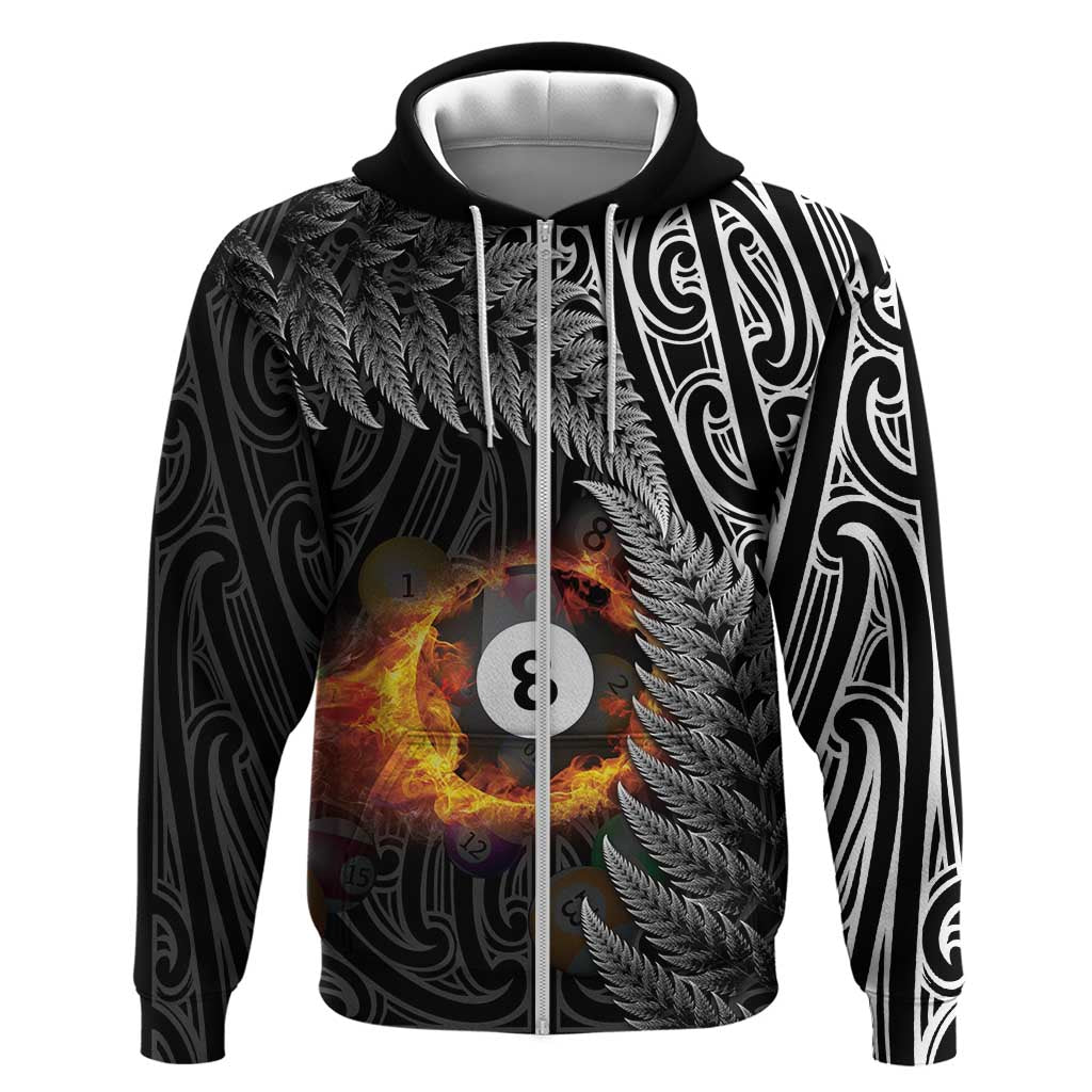 Personalised New Zealand Billiards Zip Hoodie Maori Fern On Fire 8 Ball - Polynesian Pride