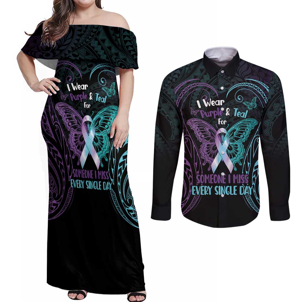 Suicide Awareness Memorial Couples Matching Off Shoulder Maxi Dress and Long Sleeve Button Shirt I Wear Purple and Teal For Someone I Miss LT14 Black - Polynesian Pride