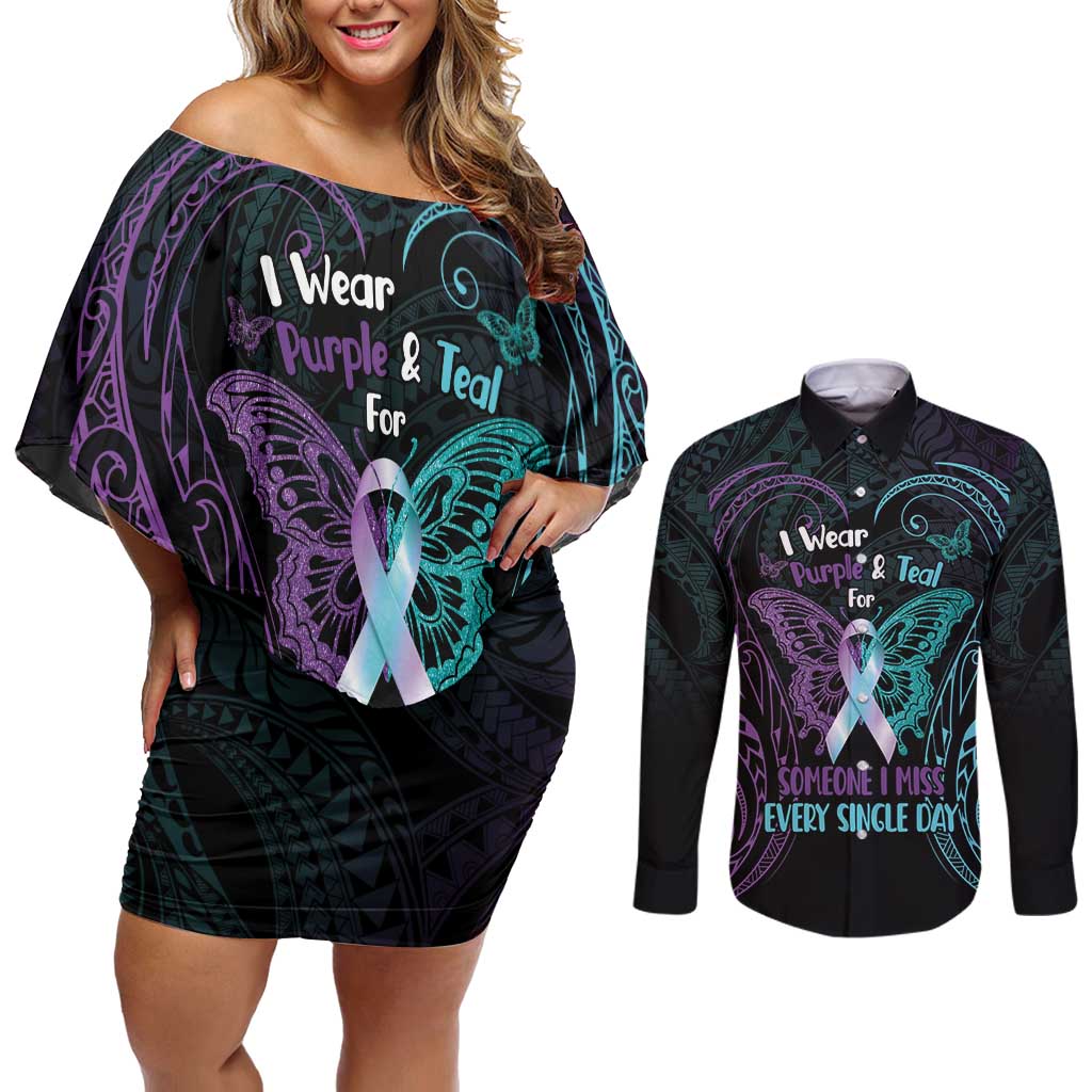 Suicide Awareness Memorial Couples Matching Off Shoulder Short Dress and Long Sleeve Button Shirt I Wear Purple and Teal For Someone I Miss LT14 Black - Polynesian Pride