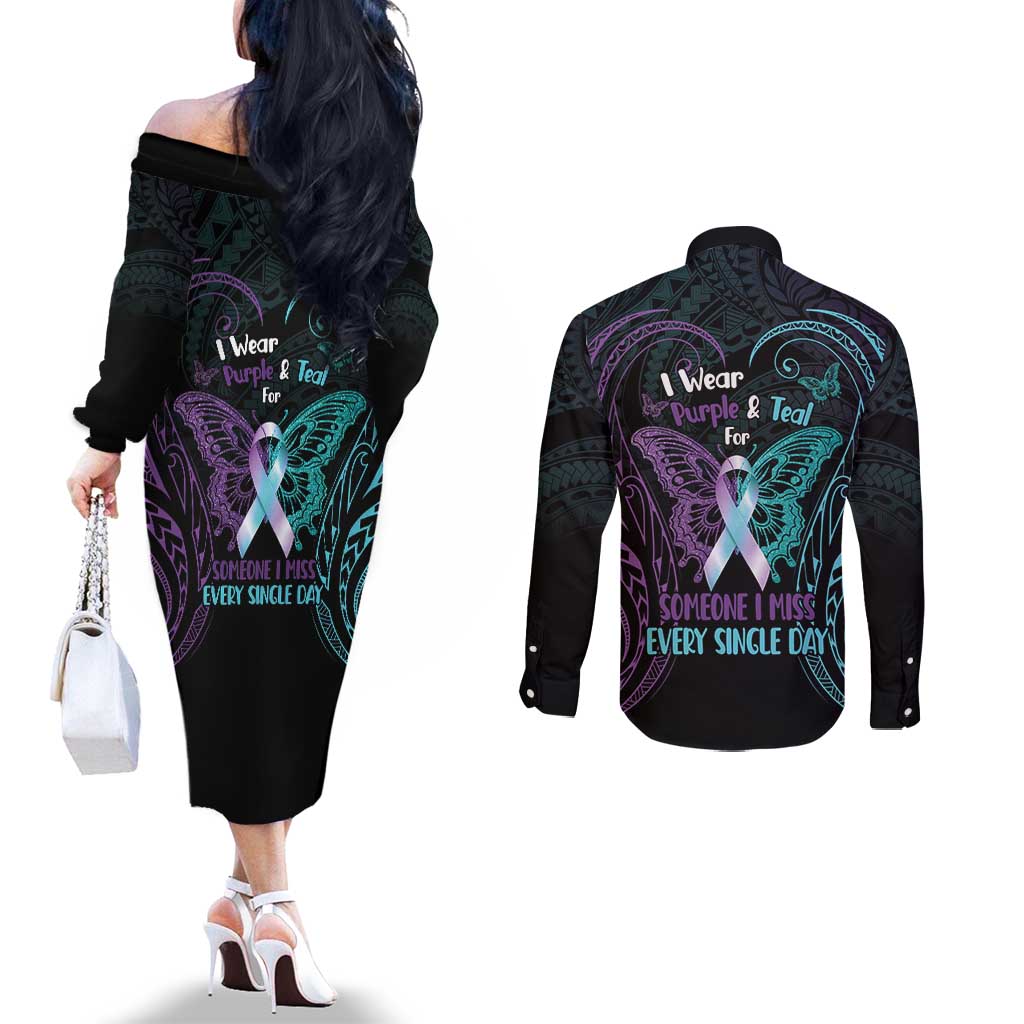 Suicide Awareness Memorial Couples Matching Off The Shoulder Long Sleeve Dress and Long Sleeve Button Shirt I Wear Purple and Teal For Someone I Miss - Polynesian Pride