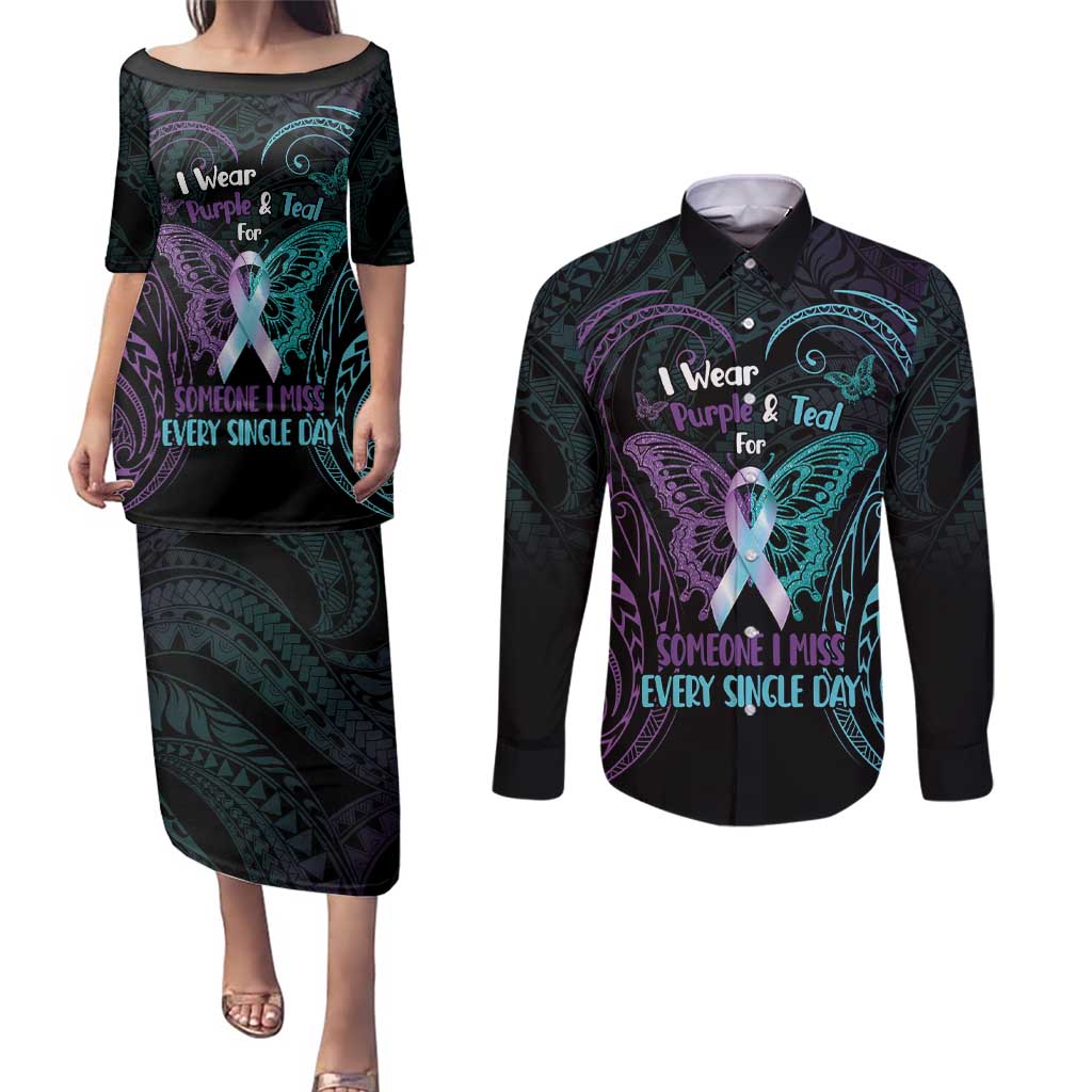 Suicide Awareness Memorial Couples Matching Puletasi and Long Sleeve Button Shirt I Wear Purple and Teal For Someone I Miss LT14 Black - Polynesian Pride