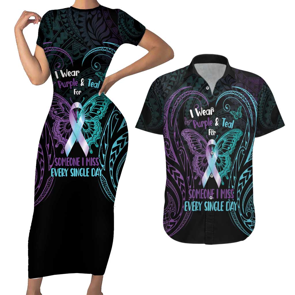 Suicide Awareness Memorial Couples Matching Short Sleeve Bodycon Dress and Hawaiian Shirt I Wear Purple and Teal For Someone I Miss LT14 Black - Polynesian Pride