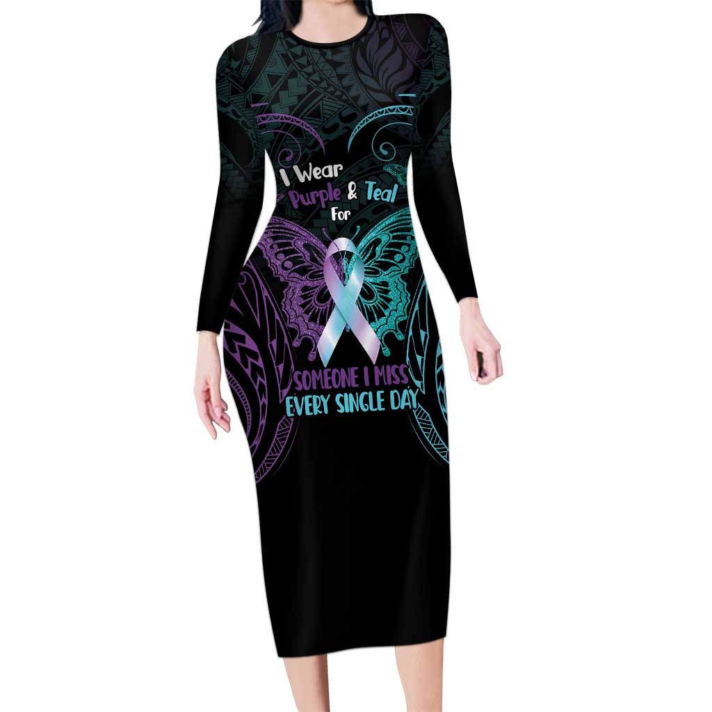 Suicide Awareness Memorial Family Matching Long Sleeve Bodycon Dress and Hawaiian Shirt I Wear Purple and Teal For Someone I Miss - Polynesian Pride