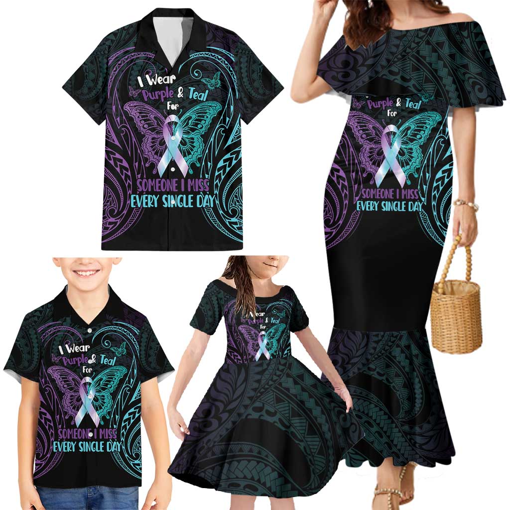 Suicide Awareness Memorial Family Matching Mermaid Dress and Hawaiian Shirt I Wear Purple and Teal For Someone I Miss LT14 - Polynesian Pride