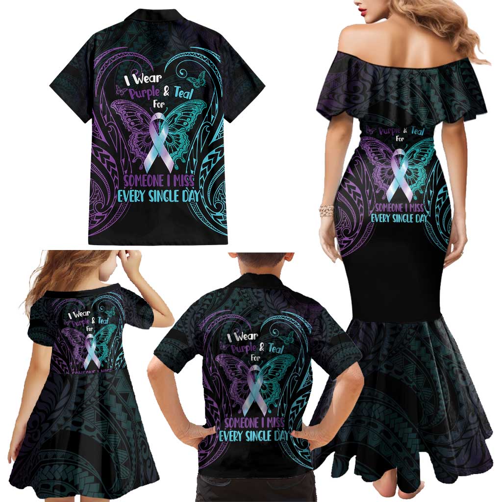 Suicide Awareness Memorial Family Matching Mermaid Dress and Hawaiian Shirt I Wear Purple and Teal For Someone I Miss - Polynesian Pride