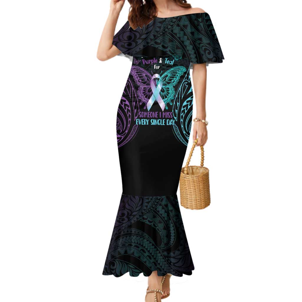 Suicide Awareness Memorial Family Matching Mermaid Dress and Hawaiian Shirt I Wear Purple and Teal For Someone I Miss - Polynesian Pride
