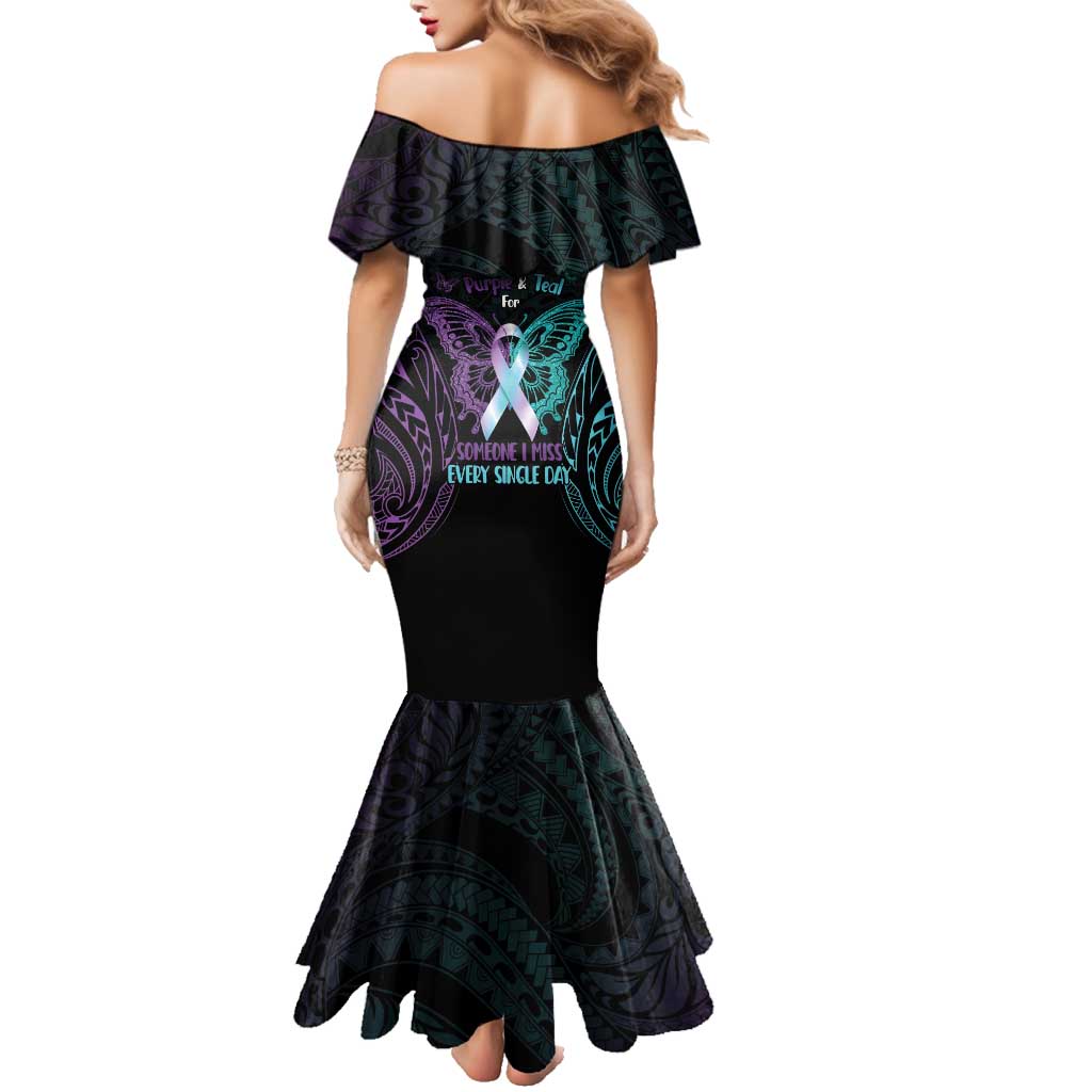 Suicide Awareness Memorial Family Matching Mermaid Dress and Hawaiian Shirt I Wear Purple and Teal For Someone I Miss - Polynesian Pride