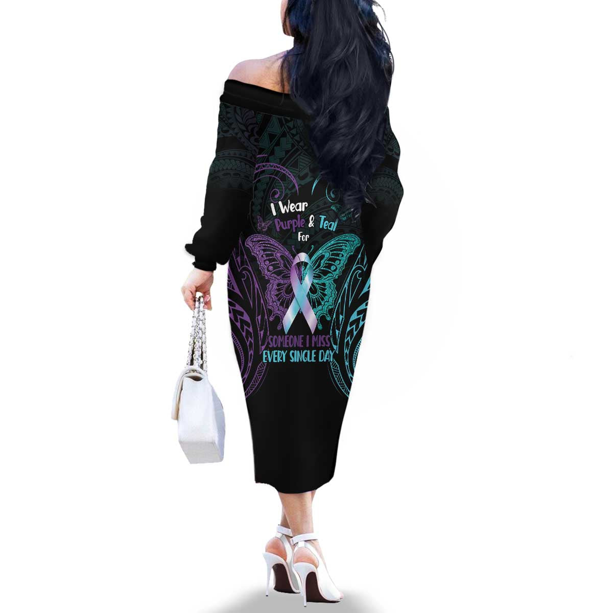 Suicide Awareness Memorial Family Matching Off The Shoulder Long Sleeve Dress and Hawaiian Shirt I Wear Purple and Teal For Someone I Miss - Polynesian Pride