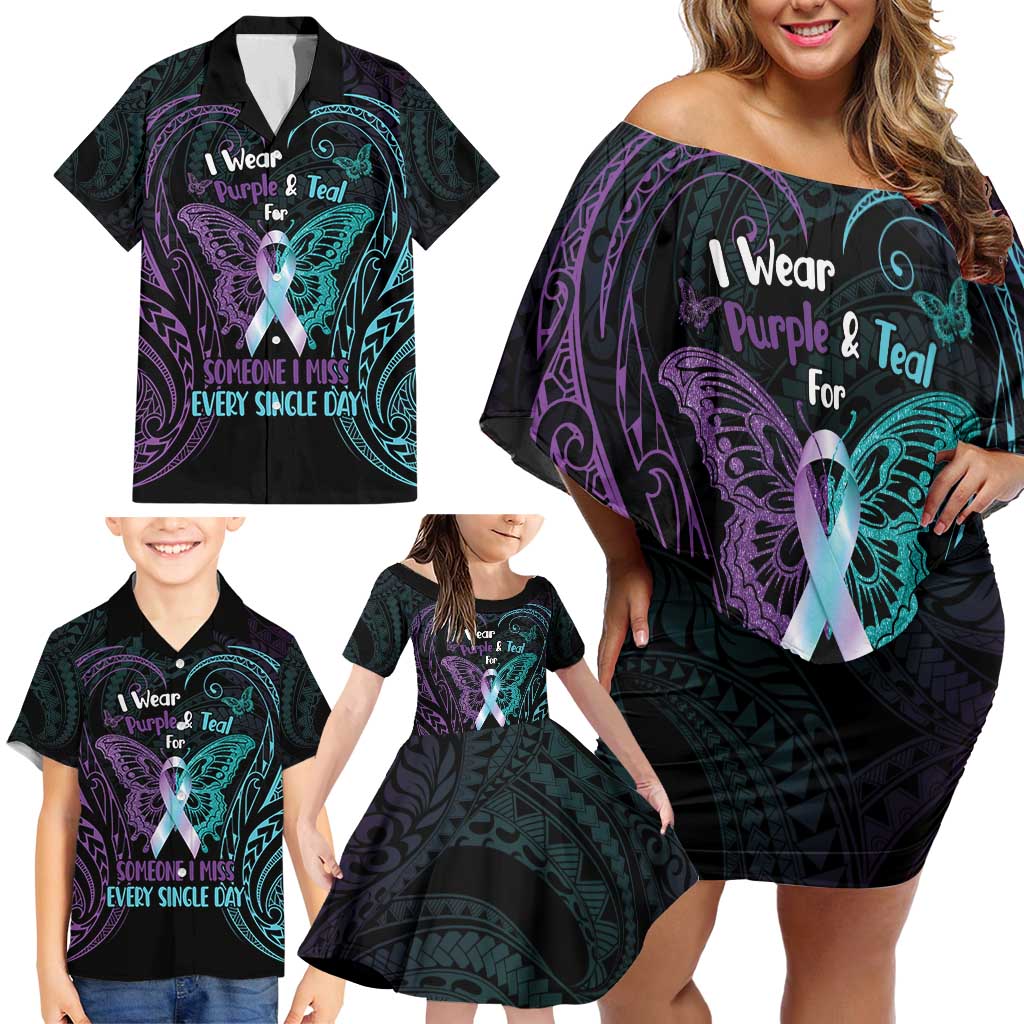Suicide Awareness Memorial Family Matching Off Shoulder Short Dress and Hawaiian Shirt I Wear Purple and Teal For Someone I Miss LT14 - Polynesian Pride