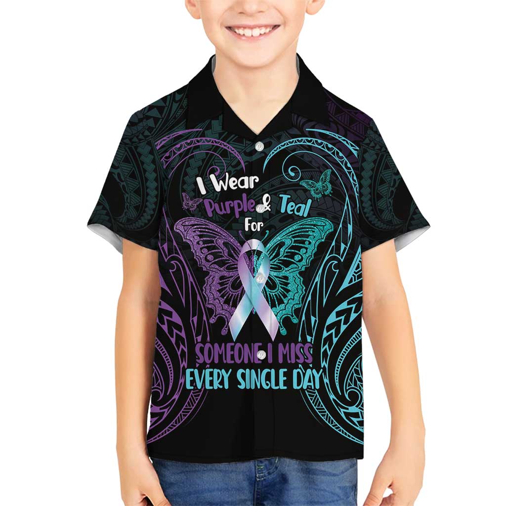 Suicide Awareness Memorial Family Matching Off Shoulder Short Dress and Hawaiian Shirt I Wear Purple and Teal For Someone I Miss - Polynesian Pride