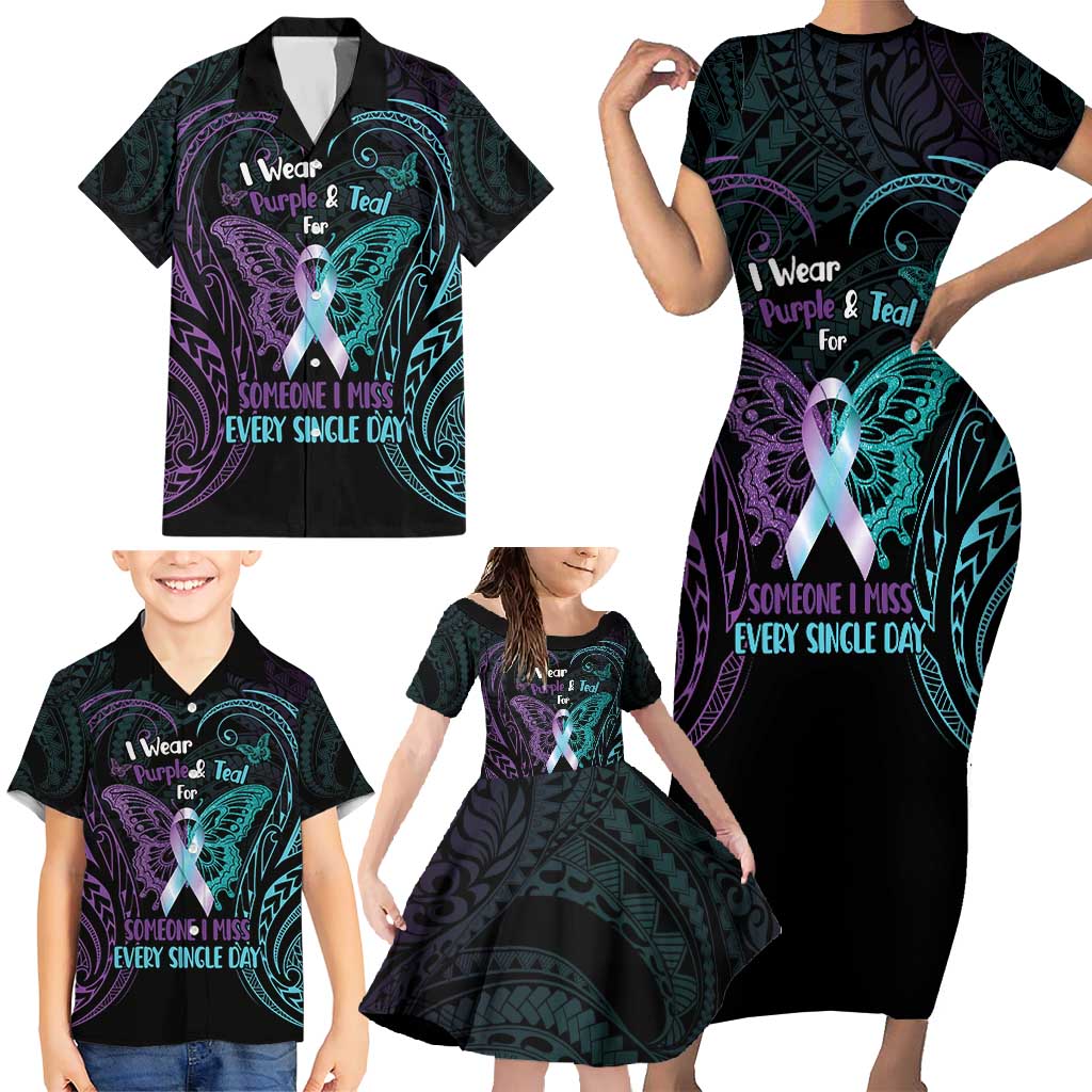Suicide Awareness Memorial Family Matching Short Sleeve Bodycon Dress and Hawaiian Shirt I Wear Purple and Teal For Someone I Miss LT14 - Polynesian Pride