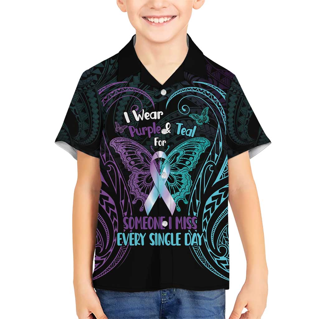 Suicide Awareness Memorial Family Matching Short Sleeve Bodycon Dress and Hawaiian Shirt I Wear Purple and Teal For Someone I Miss - Polynesian Pride