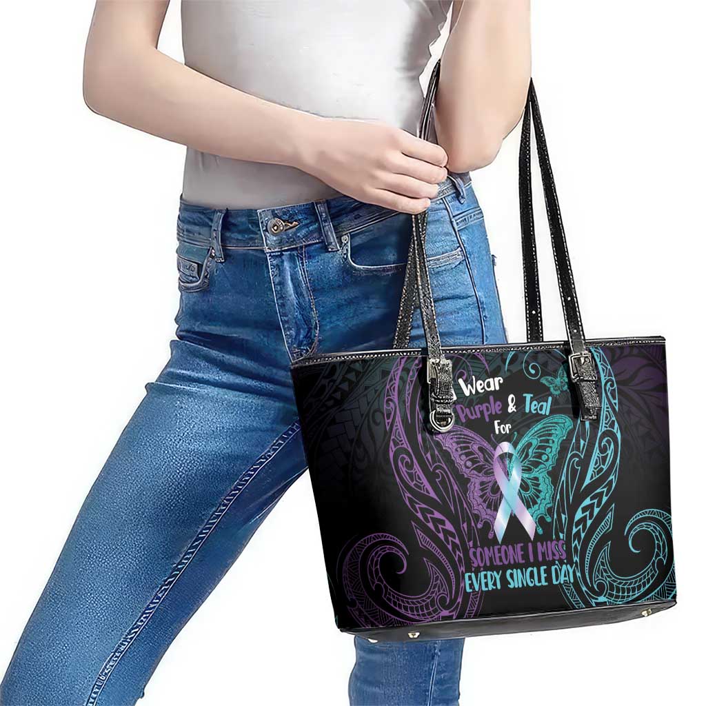 Suicide Awareness Memorial Leather Tote Bag I Wear Purple and Teal For Someone I Miss - Polynesian Pride