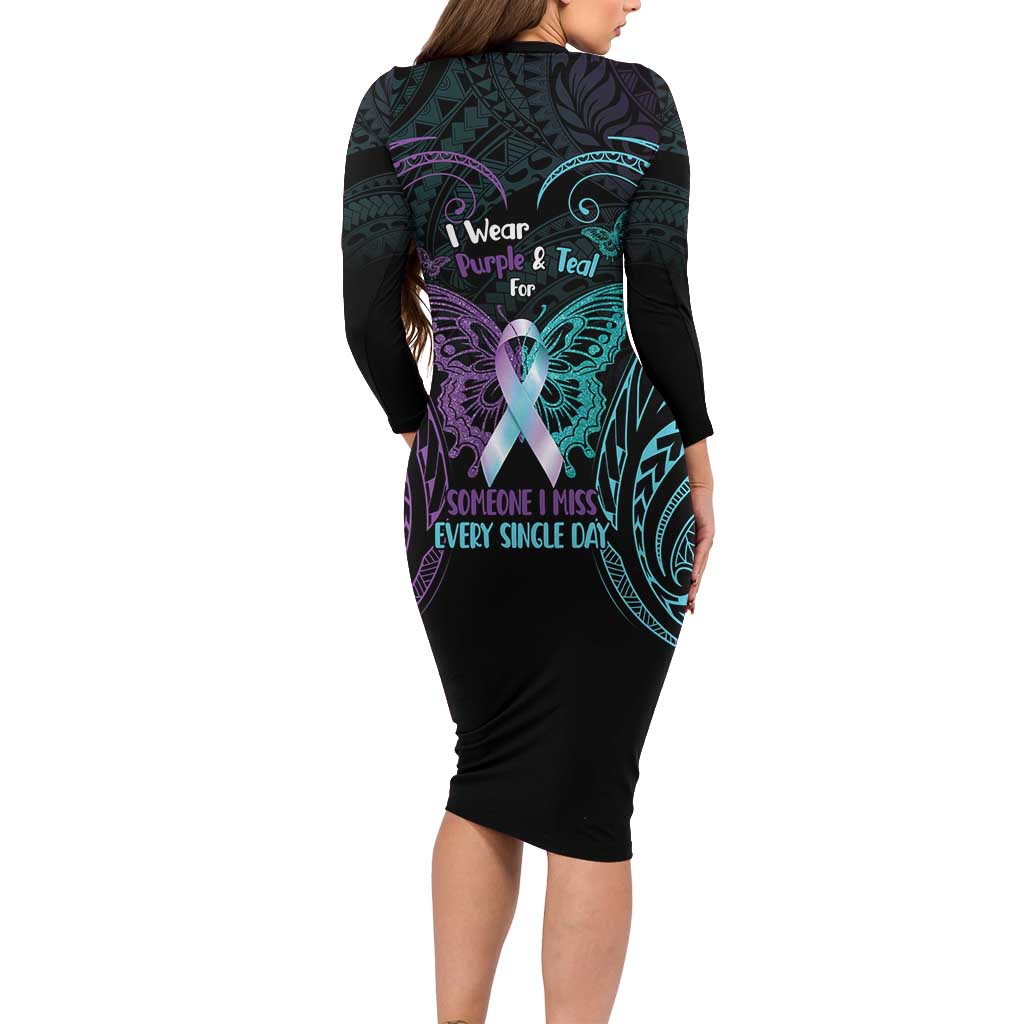 Suicide Awareness Memorial Long Sleeve Bodycon Dress I Wear Purple and Teal For Someone I Miss - Polynesian Pride