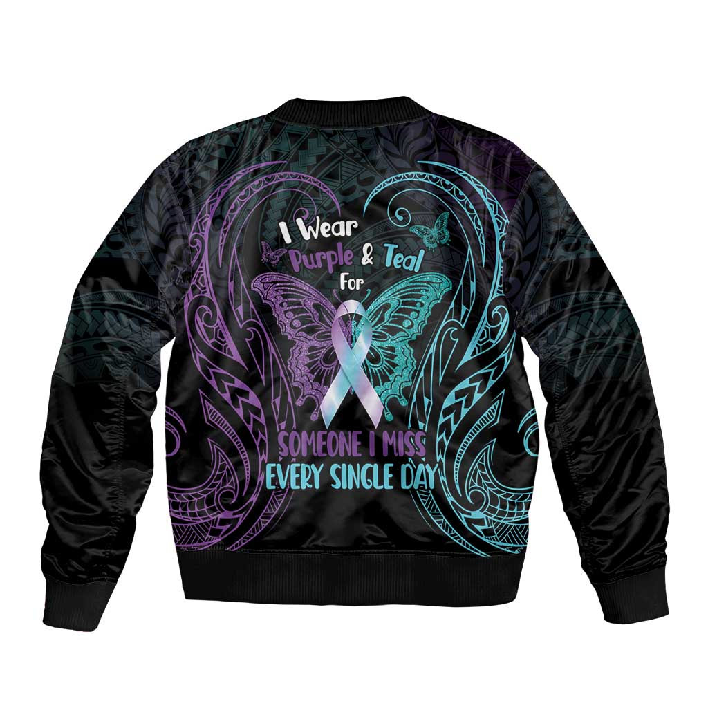 Suicide Awareness Memorial Sleeve Zip Bomber Jacket I Wear Purple and Teal For Someone I Miss - Polynesian Pride