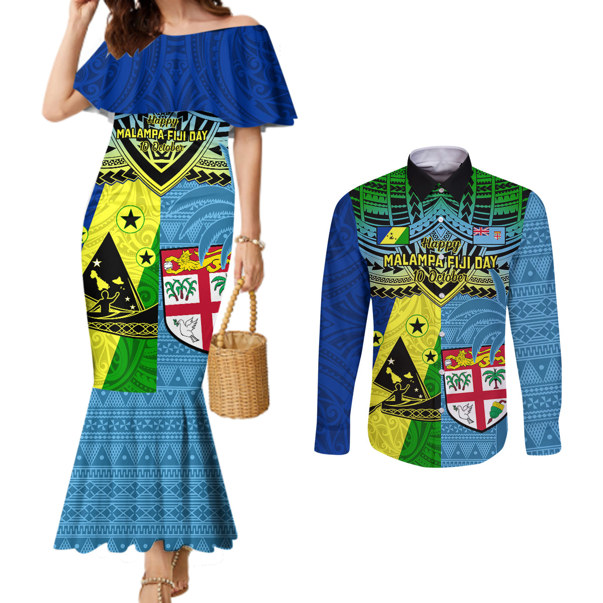 Malampa Fiji Day Couples Matching Mermaid Dress and Long Sleeve Button Shirts Together We Grow Proud Polynesian Tapa Artsy LT14 Blue - Polynesian Pride