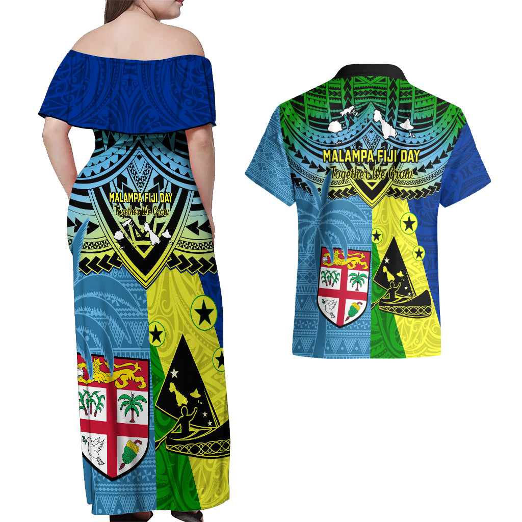 Malampa Fiji Day Couples Matching Off Shoulder Maxi Dress and Hawaiian Shirt Together We Grow Proud Polynesian Tapa Artsy LT14 - Polynesian Pride