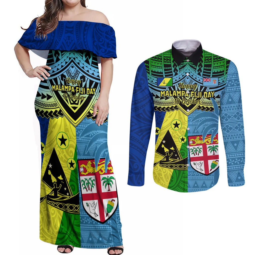 Malampa Fiji Day Couples Matching Off Shoulder Maxi Dress and Long Sleeve Button Shirts Together We Grow Proud Polynesian Tapa Artsy LT14 Blue - Polynesian Pride