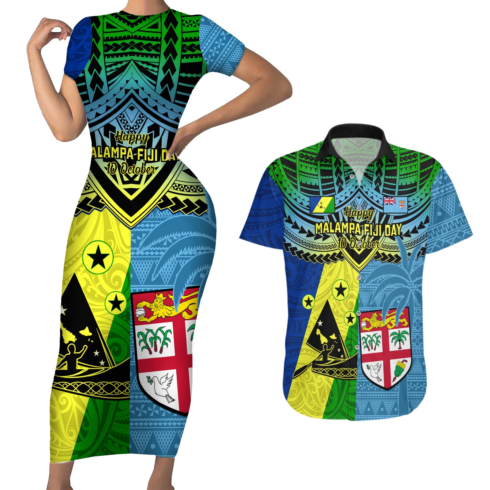 Malampa Fiji Day Couples Matching Short Sleeve Bodycon Dress and Hawaiian Shirt Together We Grow Proud Polynesian Tapa Artsy LT14 Blue - Polynesian Pride