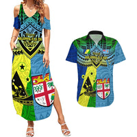 Malampa Fiji Day Couples Matching Summer Maxi Dress and Hawaiian Shirt Together We Grow Proud Polynesian Tapa Artsy LT14 Blue - Polynesian Pride