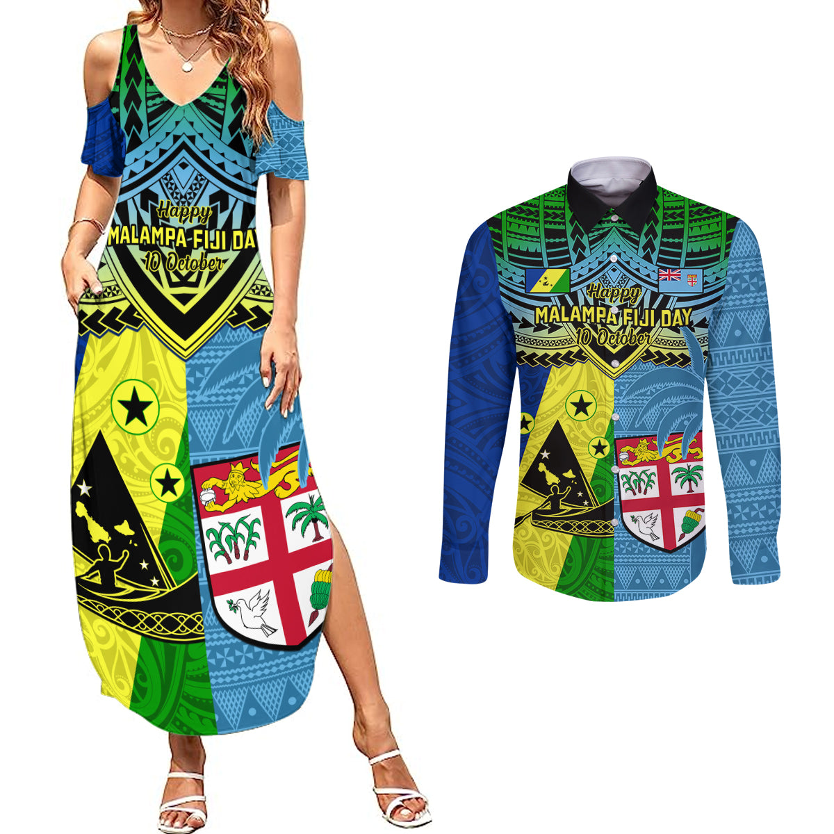 Malampa Fiji Day Couples Matching Summer Maxi Dress and Long Sleeve Button Shirts Together We Grow Proud Polynesian Tapa Artsy LT14 Blue - Polynesian Pride