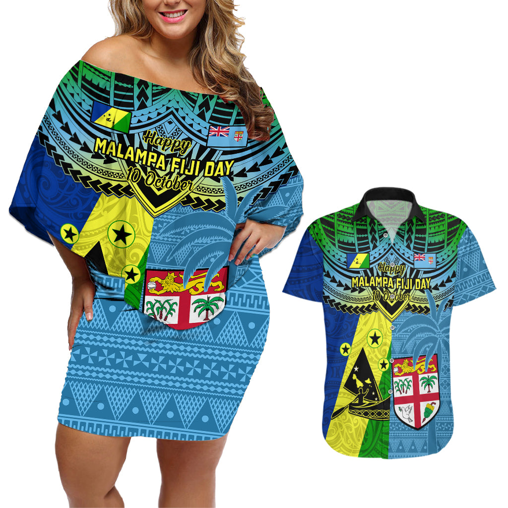 Custom Malampa Fiji Day Couples Matching Off Shoulder Short Dress and Hawaiian Shirt Together We Grow Proud Polynesian Tapa Artsy LT14 Blue - Polynesian Pride