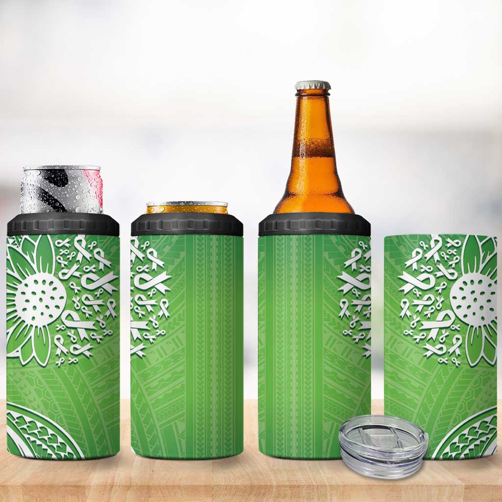 Polynesia Depression Awareness 4 in 1 Can Cooler Tumbler Sunflower Green Ribbons Polynesian Tattoo
