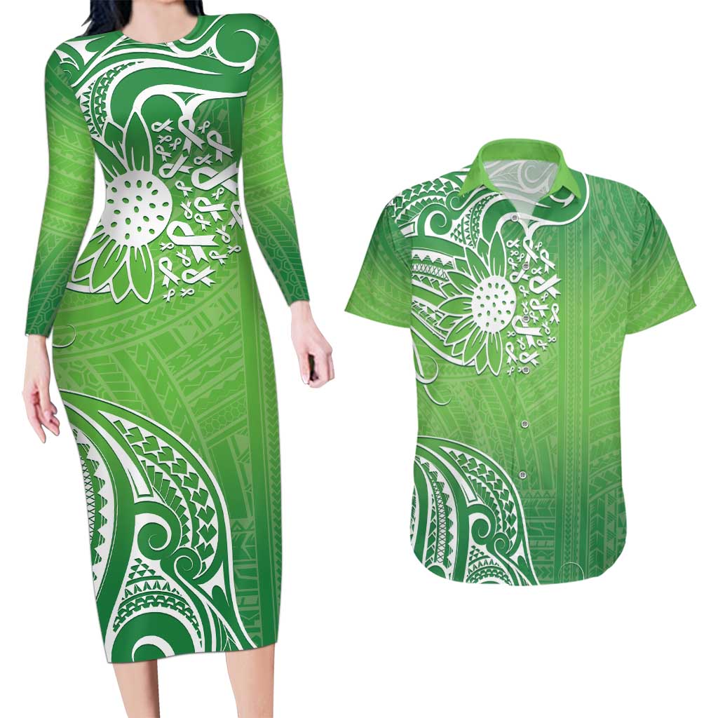 Polynesia Depression Awareness Couples Matching Long Sleeve Bodycon Dress and Hawaiian Shirt Sunflower Green Ribbons Polynesian Tattoo