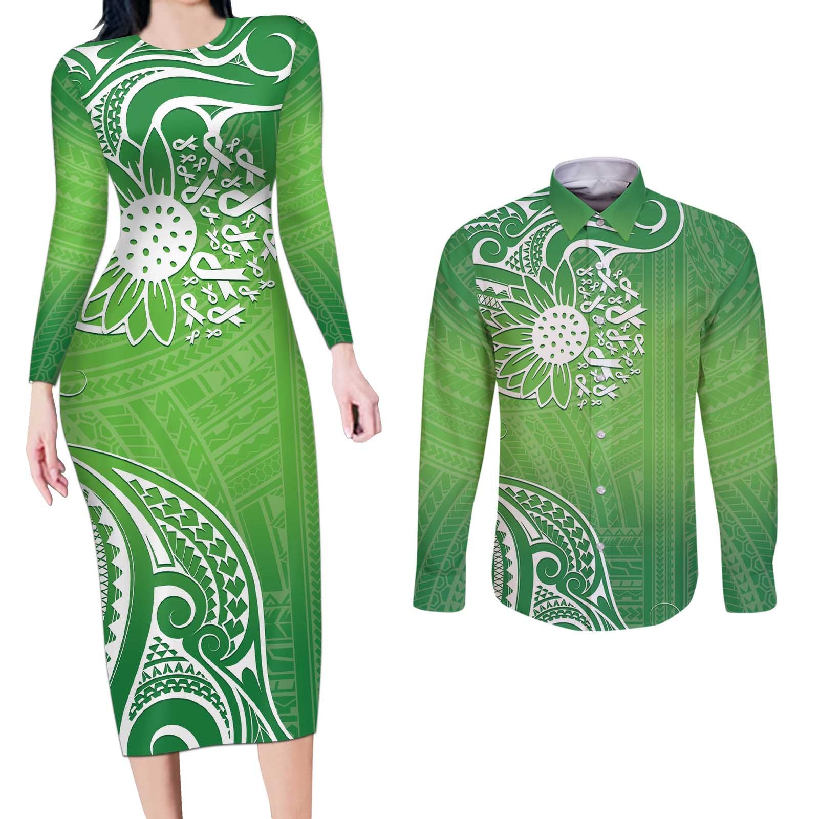 Polynesia Depression Awareness Couples Matching Long Sleeve Bodycon Dress and Long Sleeve Button Shirt Sunflower Green Ribbons Polynesian Tattoo LT14 Green - Polynesian Pride