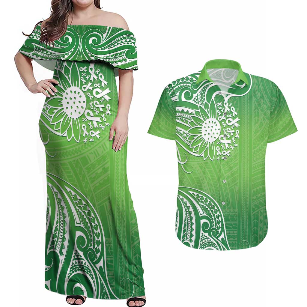 Polynesia Depression Awareness Couples Matching Off Shoulder Maxi Dress and Hawaiian Shirt Sunflower Green Ribbons Polynesian Tattoo