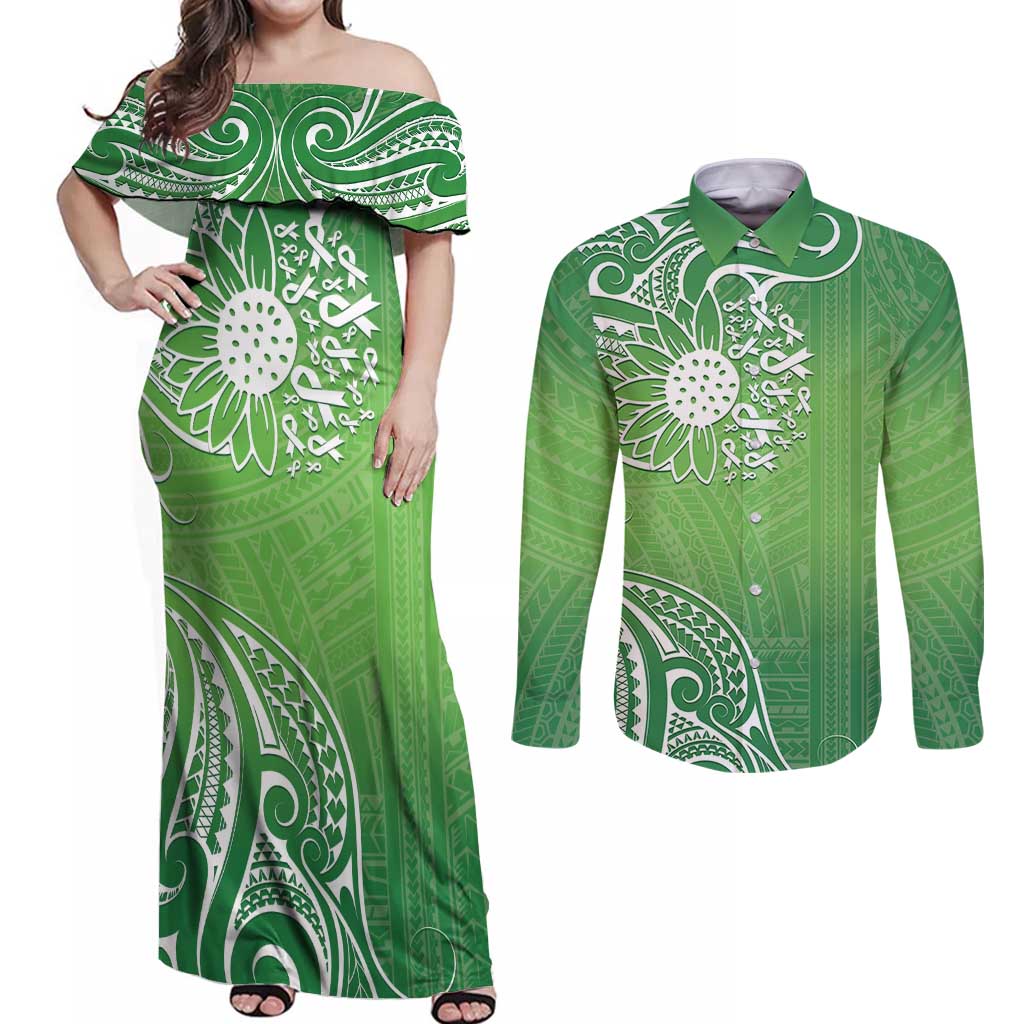 Polynesia Depression Awareness Couples Matching Off Shoulder Maxi Dress and Long Sleeve Button Shirt Sunflower Green Ribbons Polynesian Tattoo LT14 Green - Polynesian Pride
