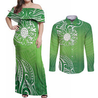 Polynesia Depression Awareness Couples Matching Off Shoulder Maxi Dress and Long Sleeve Button Shirt Sunflower Green Ribbons Polynesian Tattoo LT14 Green - Polynesian Pride