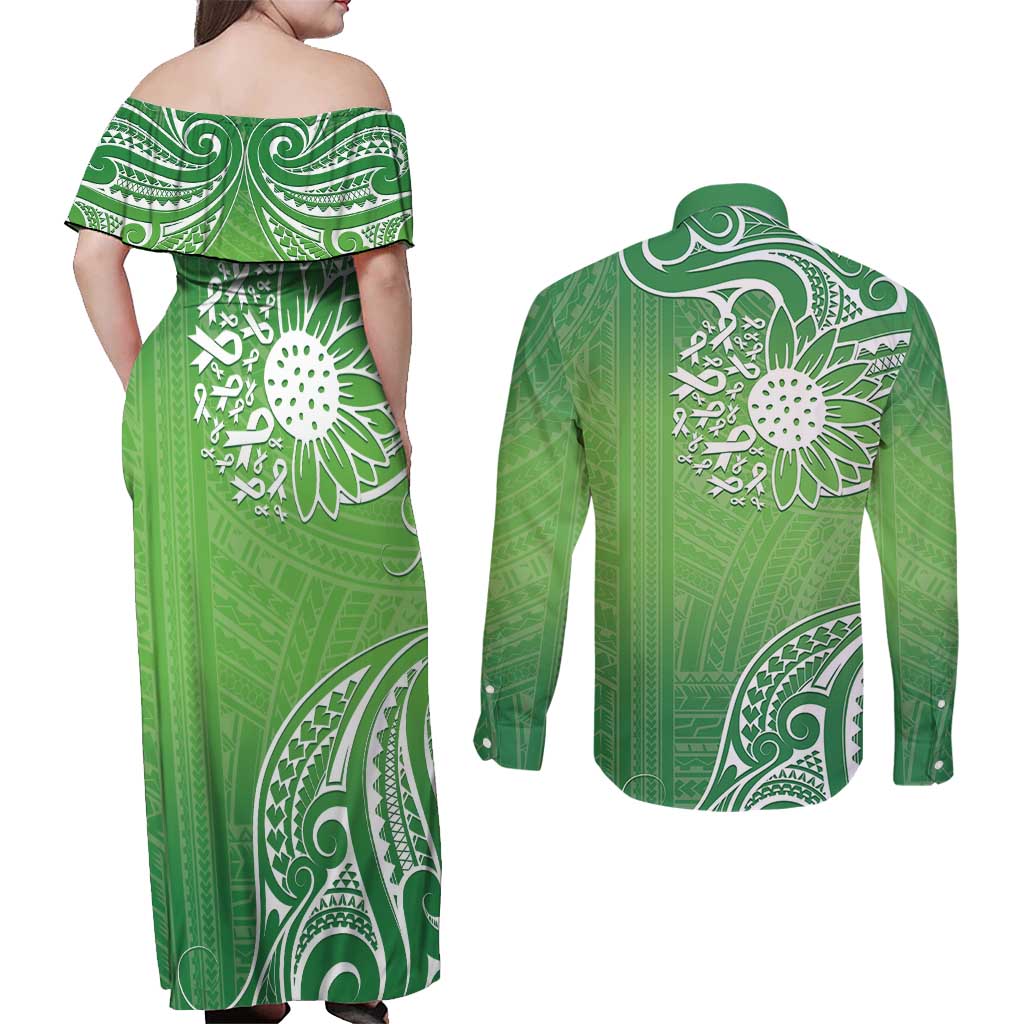Polynesia Depression Awareness Couples Matching Off Shoulder Maxi Dress and Long Sleeve Button Shirt Sunflower Green Ribbons Polynesian Tattoo LT14 - Polynesian Pride