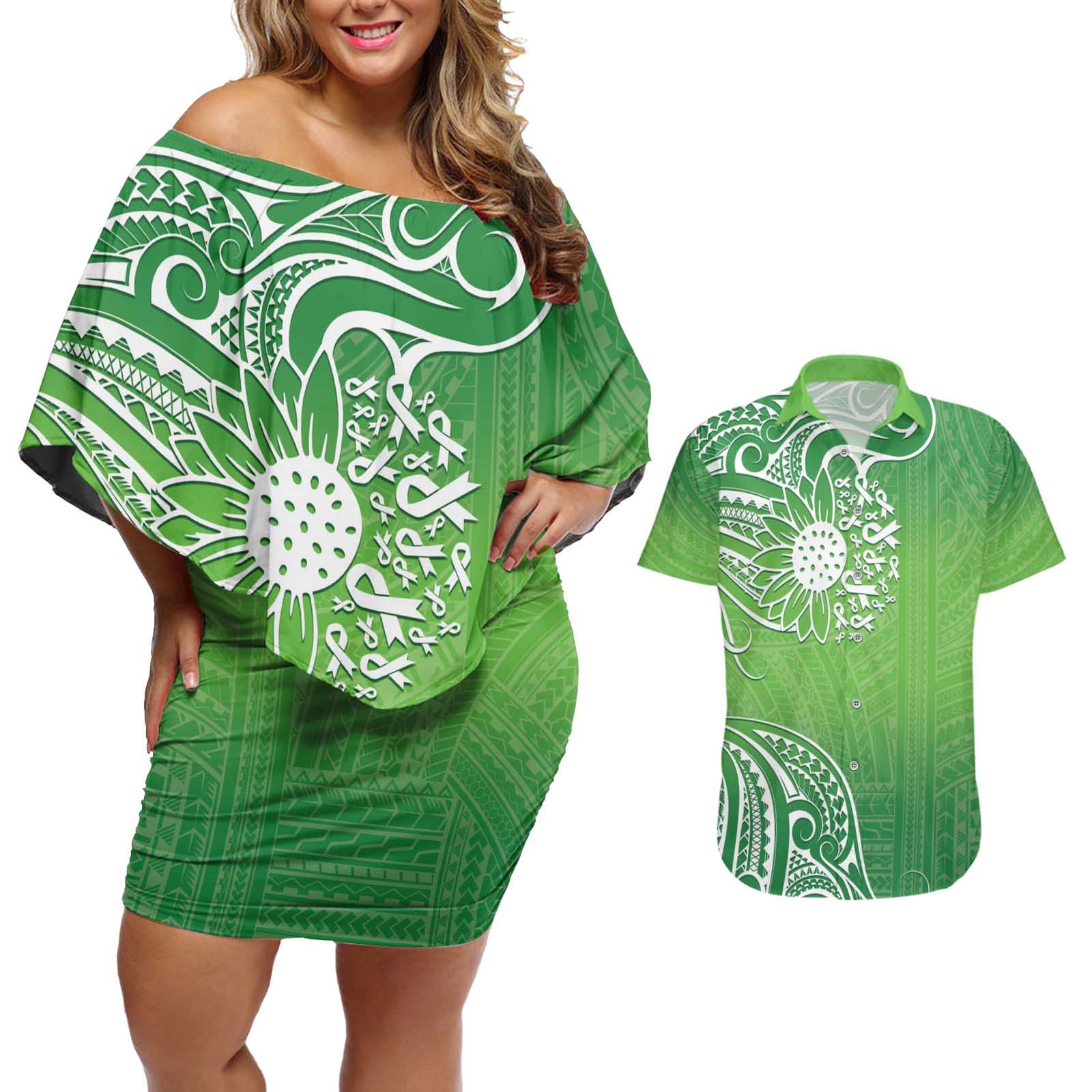 Polynesia Depression Awareness Couples Matching Off Shoulder Short Dress and Hawaiian Shirt Sunflower Green Ribbons Polynesian Tattoo LT14 Green - Polynesian Pride