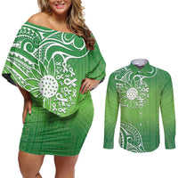Polynesia Depression Awareness Couples Matching Off Shoulder Short Dress and Long Sleeve Button Shirt Sunflower Green Ribbons Polynesian Tattoo LT14 Green - Polynesian Pride