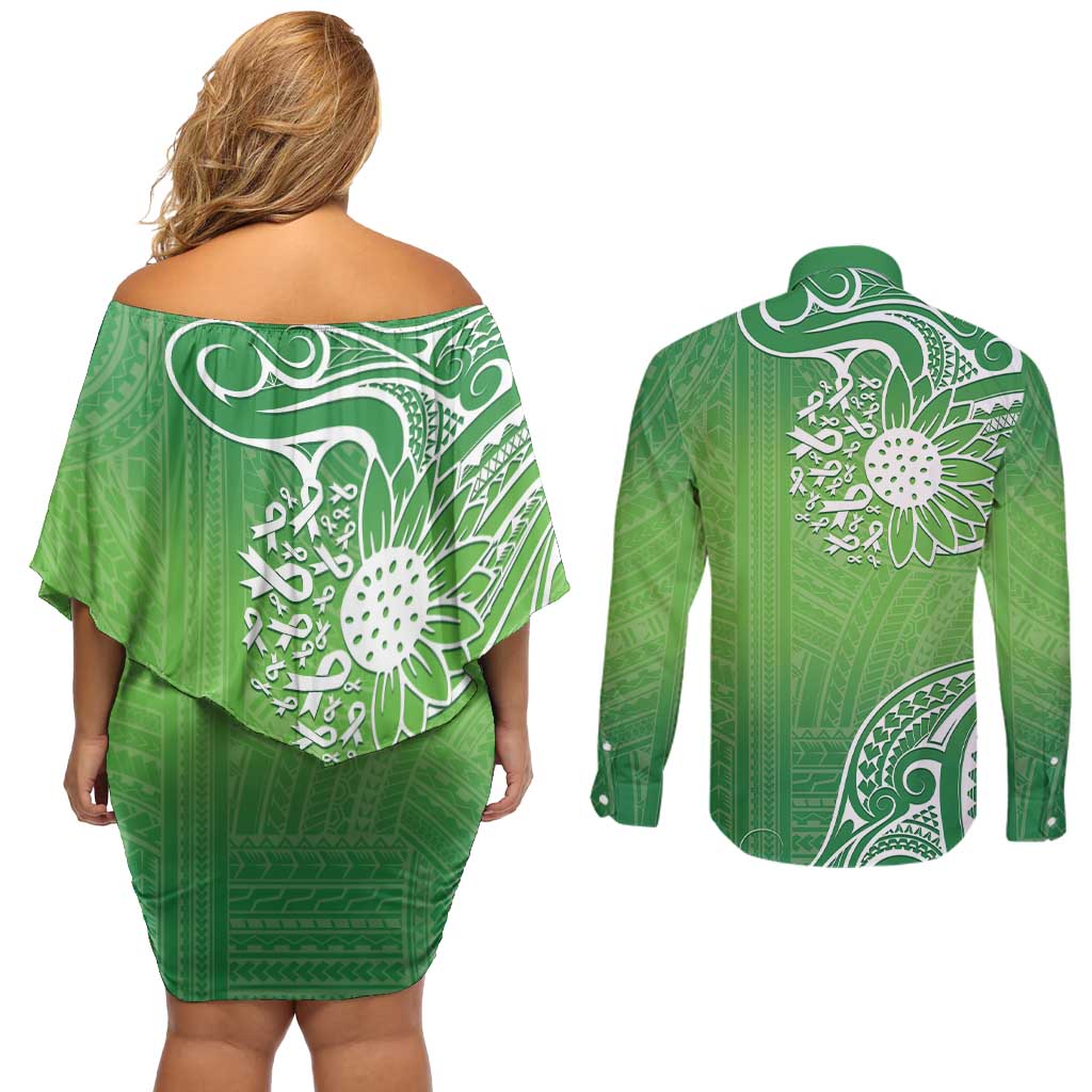 Polynesia Depression Awareness Couples Matching Off Shoulder Short Dress and Long Sleeve Button Shirt Sunflower Green Ribbons Polynesian Tattoo LT14 - Polynesian Pride