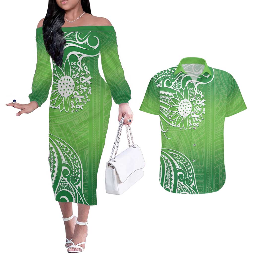 Polynesia Depression Awareness Couples Matching Off The Shoulder Long Sleeve Dress and Hawaiian Shirt Sunflower Green Ribbons Polynesian Tattoo LT14 Green - Polynesian Pride