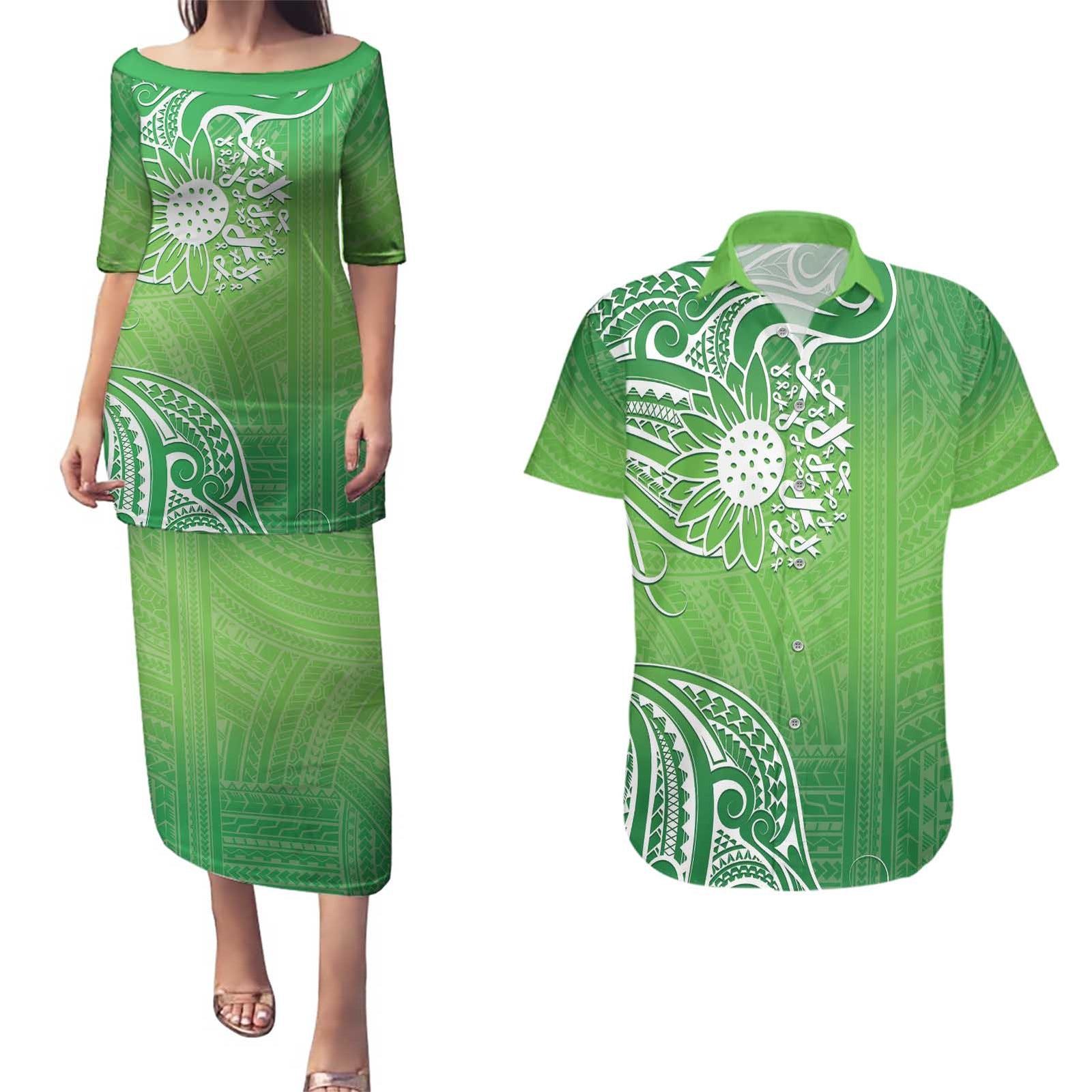 Polynesia Depression Awareness Couples Matching Puletasi and Hawaiian Shirt Sunflower Green Ribbons Polynesian Tattoo LT14 Green - Polynesian Pride
