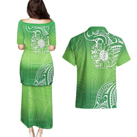 Polynesia Depression Awareness Couples Matching Puletasi and Hawaiian Shirt Sunflower Green Ribbons Polynesian Tattoo LT14 - Polynesian Pride
