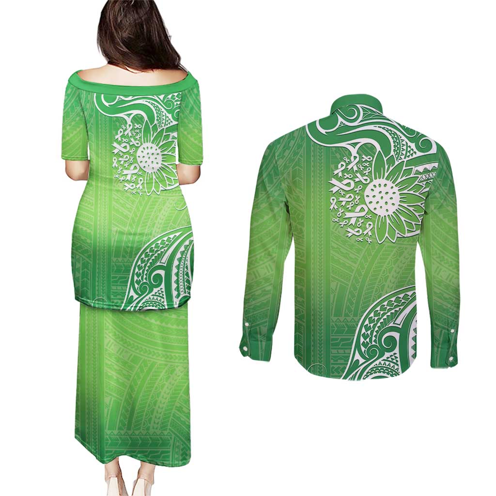 Polynesia Depression Awareness Couples Matching Puletasi and Long Sleeve Button Shirt Sunflower Green Ribbons Polynesian Tattoo LT14 - Polynesian Pride