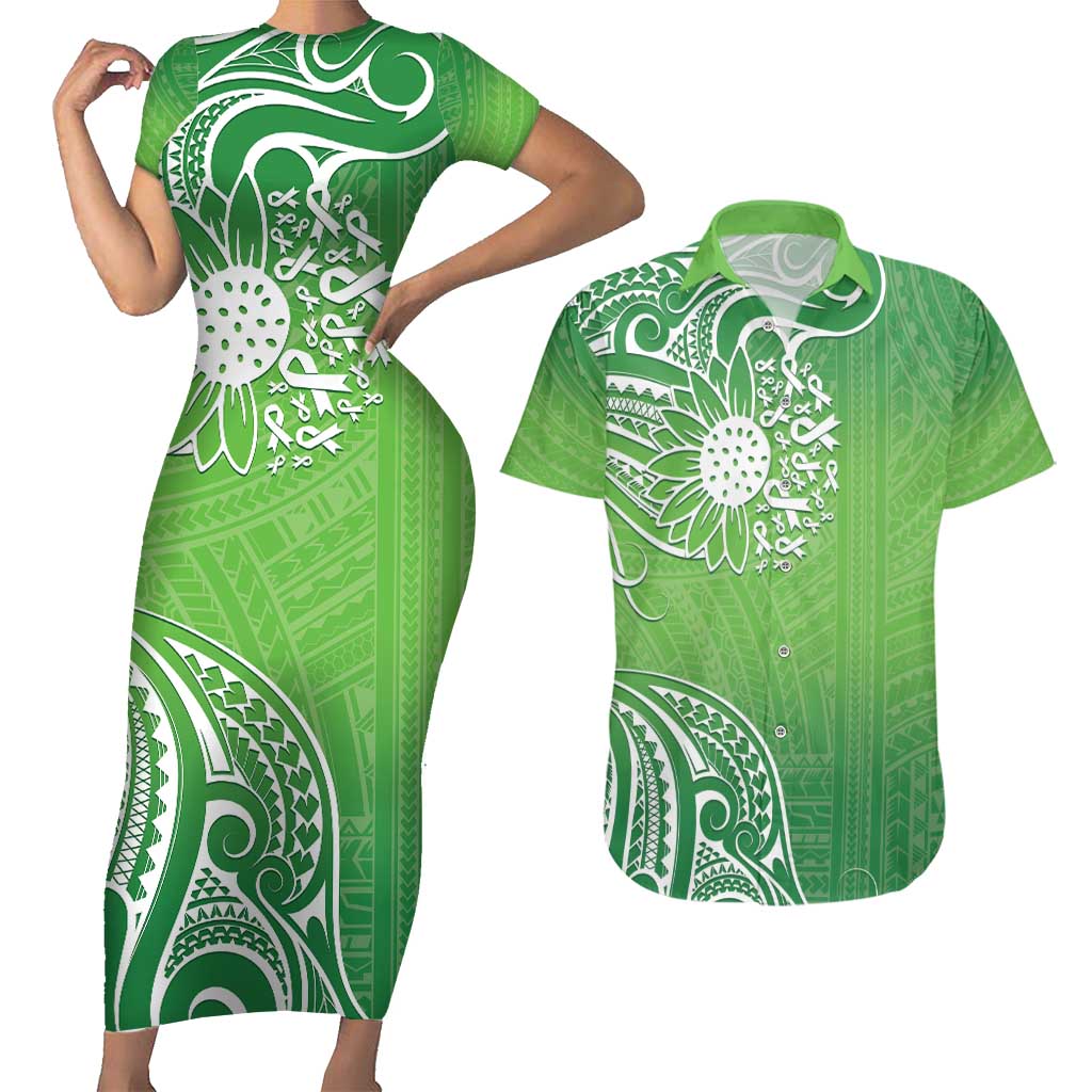 Polynesia Depression Awareness Couples Matching Short Sleeve Bodycon Dress and Hawaiian Shirt Sunflower Green Ribbons Polynesian Tattoo LT14 Green - Polynesian Pride