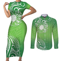 Polynesia Depression Awareness Couples Matching Short Sleeve Bodycon Dress and Long Sleeve Button Shirt Sunflower Green Ribbons Polynesian Tattoo LT14 Green - Polynesian Pride