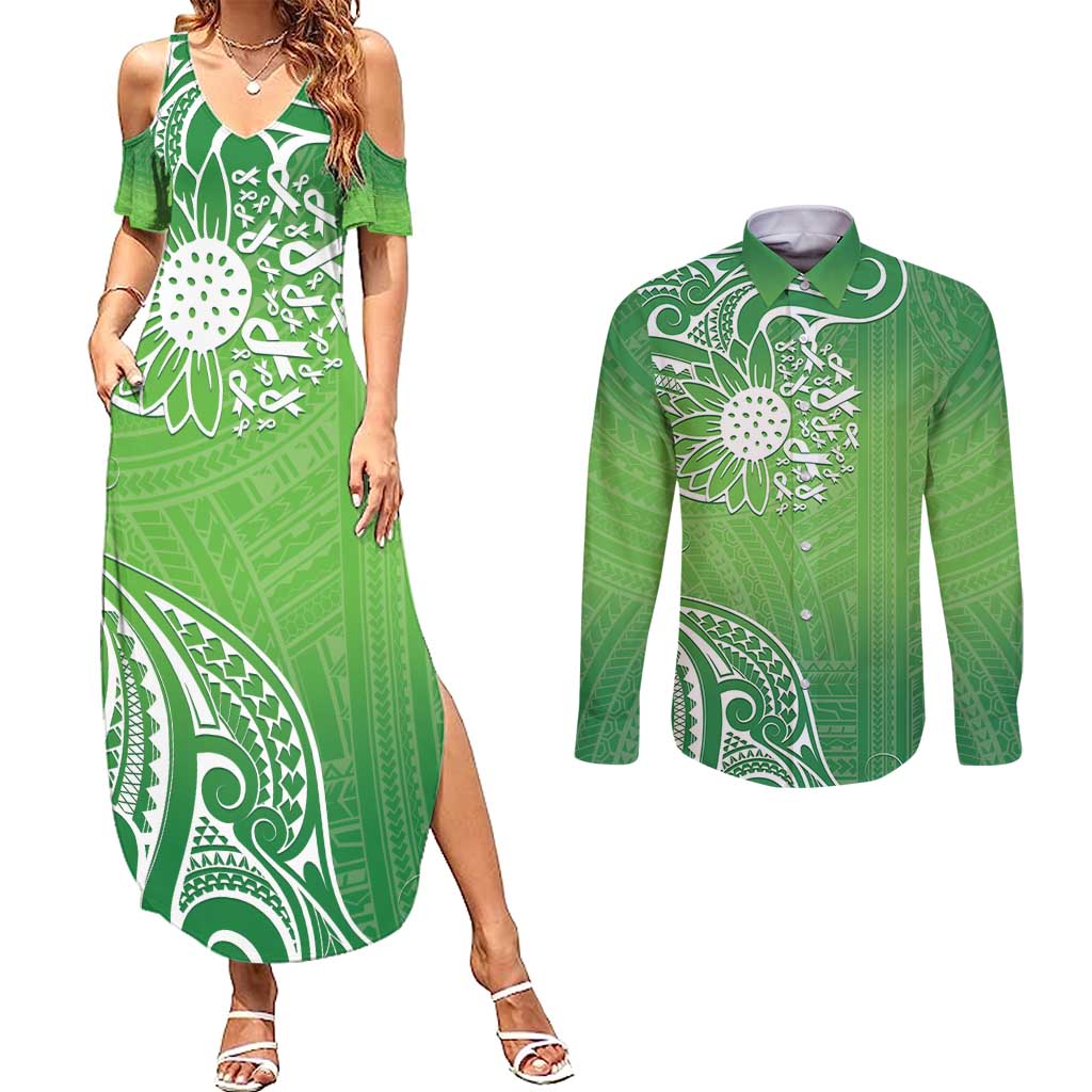 Polynesia Depression Awareness Couples Matching Summer Maxi Dress and Long Sleeve Button Shirt Sunflower Green Ribbons Polynesian Tattoo LT14 Green - Polynesian Pride