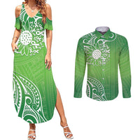 Polynesia Depression Awareness Couples Matching Summer Maxi Dress and Long Sleeve Button Shirt Sunflower Green Ribbons Polynesian Tattoo LT14 Green - Polynesian Pride
