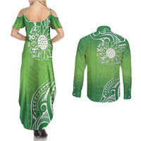 Polynesia Depression Awareness Couples Matching Summer Maxi Dress and Long Sleeve Button Shirt Sunflower Green Ribbons Polynesian Tattoo LT14 - Polynesian Pride