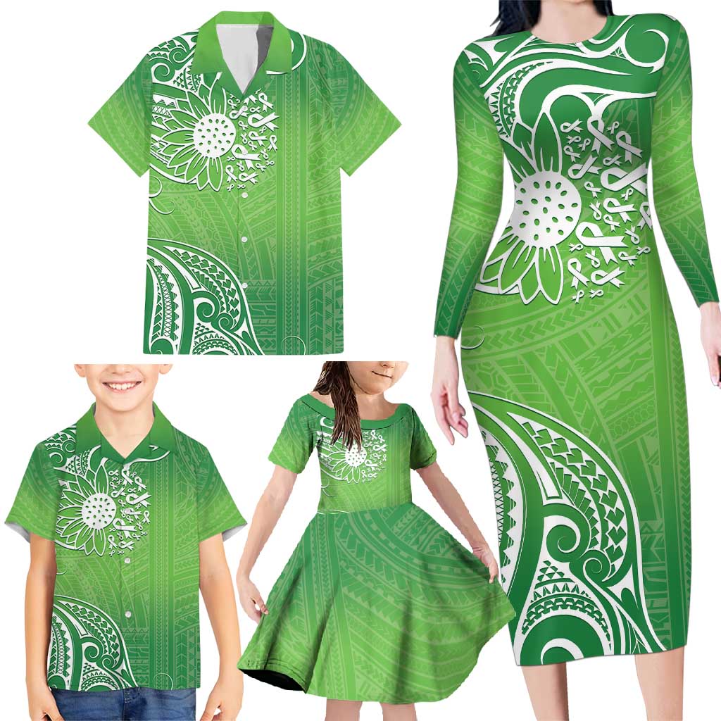 Polynesia Depression Awareness Family Matching Long Sleeve Bodycon Dress and Hawaiian Shirt Sunflower Green Ribbons Polynesian Tattoo