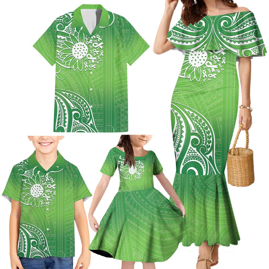 Polynesia Depression Awareness Family Matching Mermaid Dress and Hawaiian Shirt Sunflower Green Ribbons Polynesian Tattoo