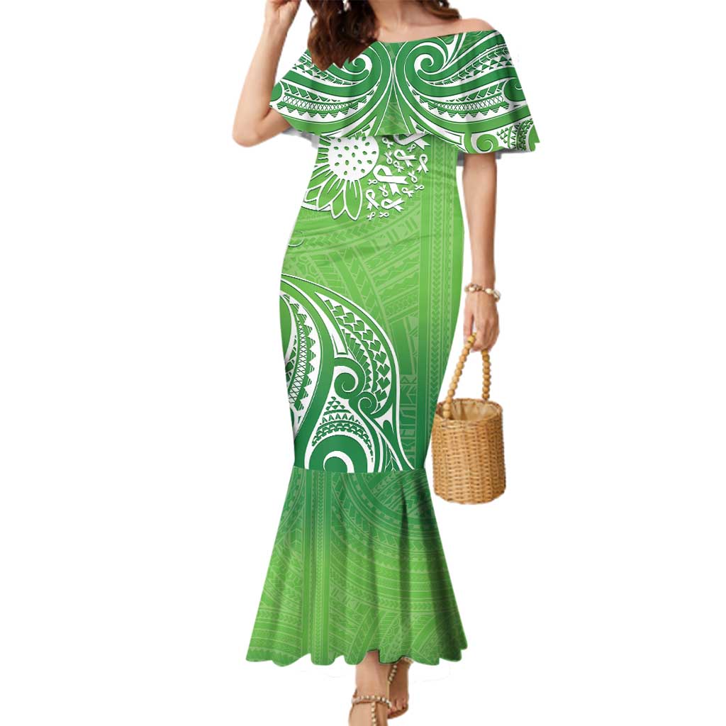 Polynesia Depression Awareness Family Matching Mermaid Dress and Hawaiian Shirt Sunflower Green Ribbons Polynesian Tattoo